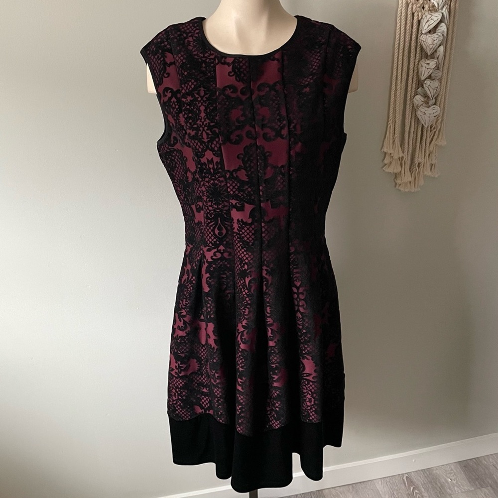 Gabby Skye Romantic Goth Velvet Velour Fit & Flare Damask Dress Burgundy Black